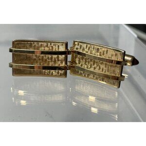 Vintage Krementz 14K Gold Overlay Basket Weave Cufflinks with Amber Glass Bullet